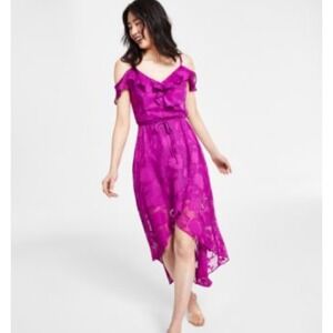 BCX Off-The-Shoulder Ruffled Asymmetrical-Hem Jacquard Dress Women's XS Pink NWT